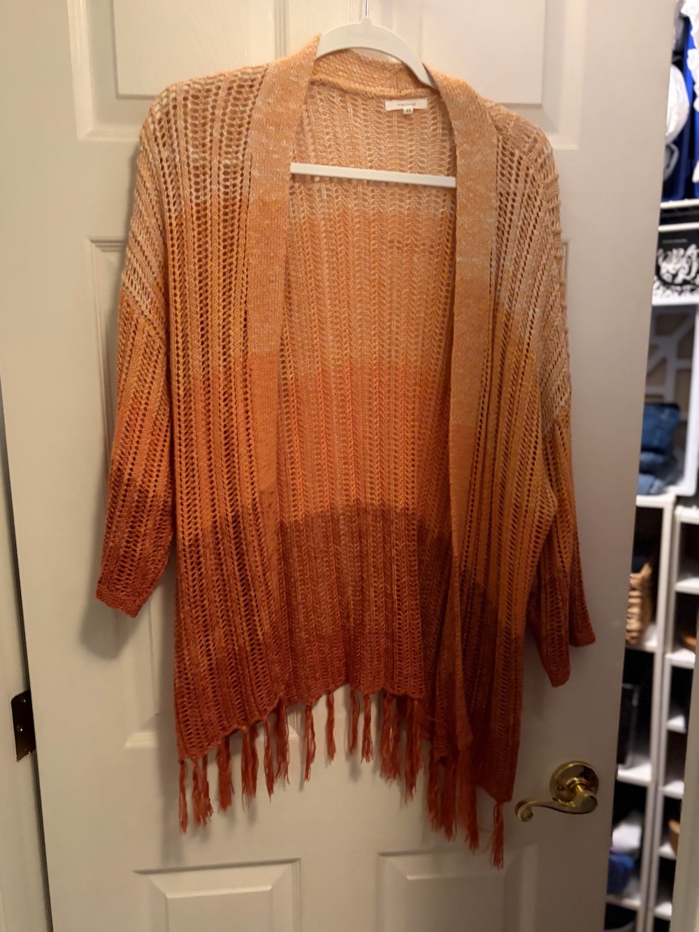 Maurices Ombre Fringe Open-Front Cardigan in Peach to Rust